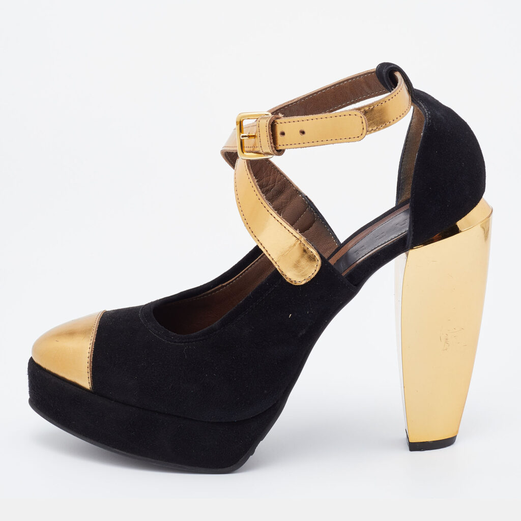 luxury-women-marni-used-shoes-p720221-009 Marni Black/Gold Suede and Leather Platforms Ankle Strap Pumps Size 39