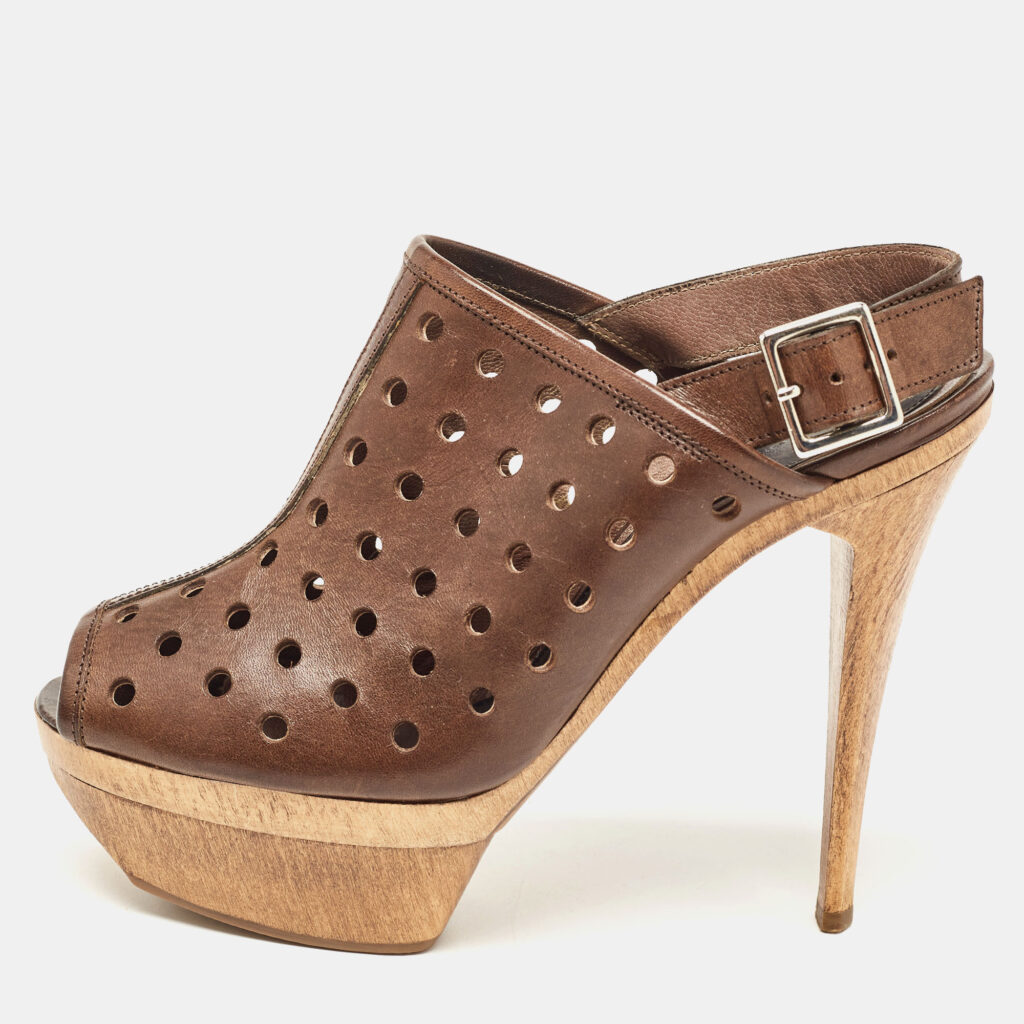 luxury-women-marni-used-shoes-p921074-004 Marni Brown Laser Cut Leather Open Toe Wooden Platform Slingback Sandals Size 37