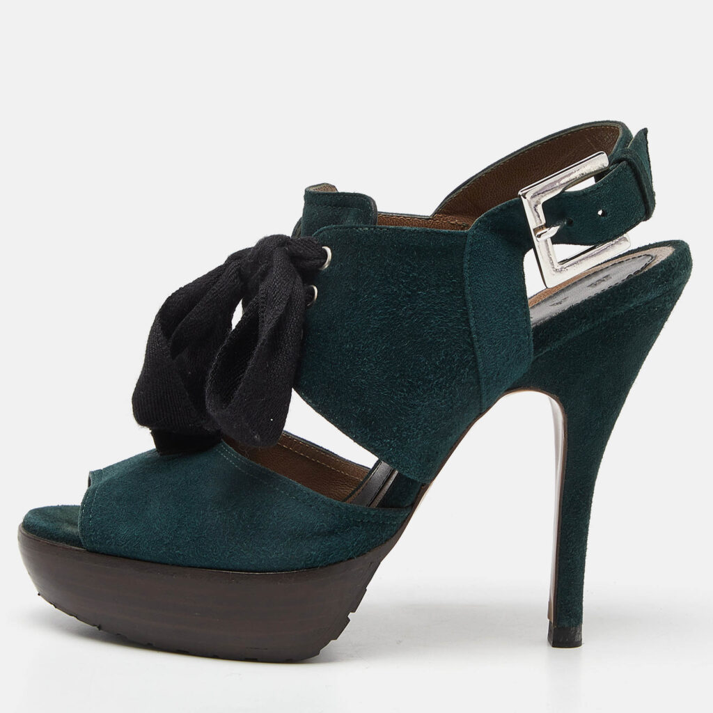 luxury-women-marni-used-shoes-p952145-010 Marni Green Suede Peep Toe Slingback Sandals Size 36