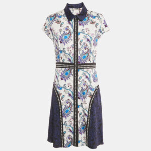 Mary Katrantzou White/Blue Printed Cotton Short Dress L