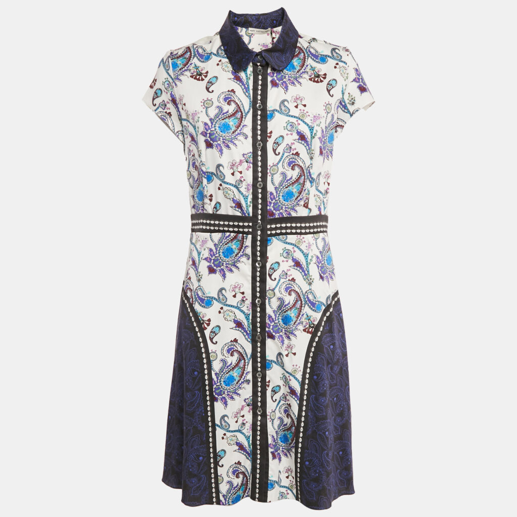 Mary Katrantzou White/Blue Printed Cotton Short Dress L
