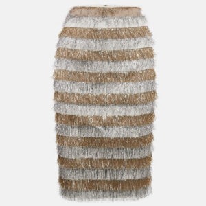 Max Mara Gold/Silver Metallic Fringed Crepe Gavetta Skirt S
