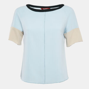 Max Mara Studio Blue Contrast Trim Crepe Short Sleeve Blouse M