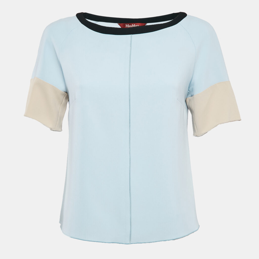 Max Mara Studio Blue Contrast Trim Crepe Short Sleeve Blouse M