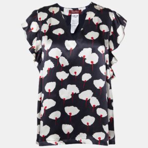 Max Mara Studio Black Floral Print Silk Satin Blouse M