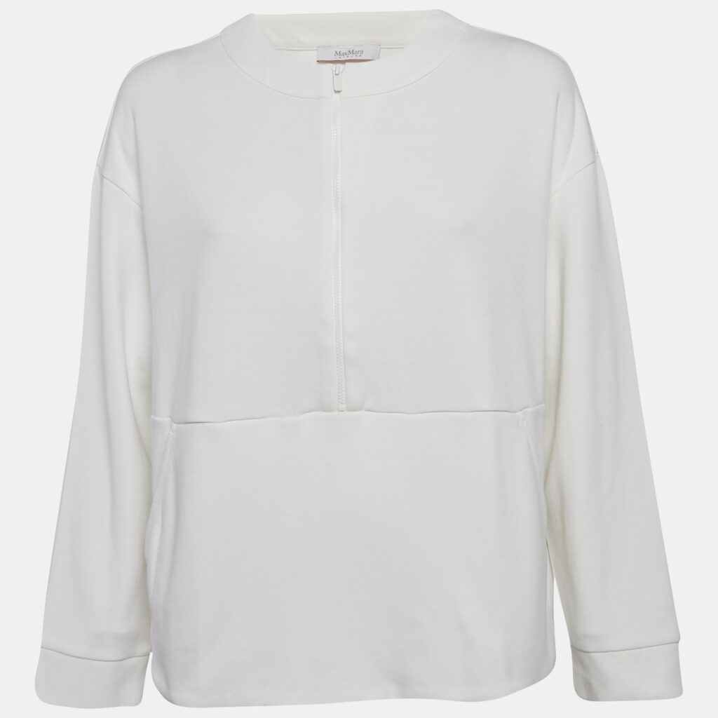 luxury-women-max-mara-used-clothes-p1054749-002 Max Mara White Cotton Zip Detail Crew Neck Sweatshirt M