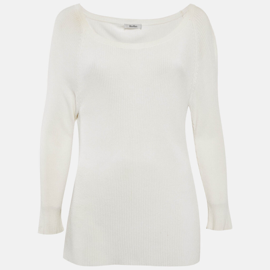 Max Mara White Rib Knit Boat Neck Top XXL