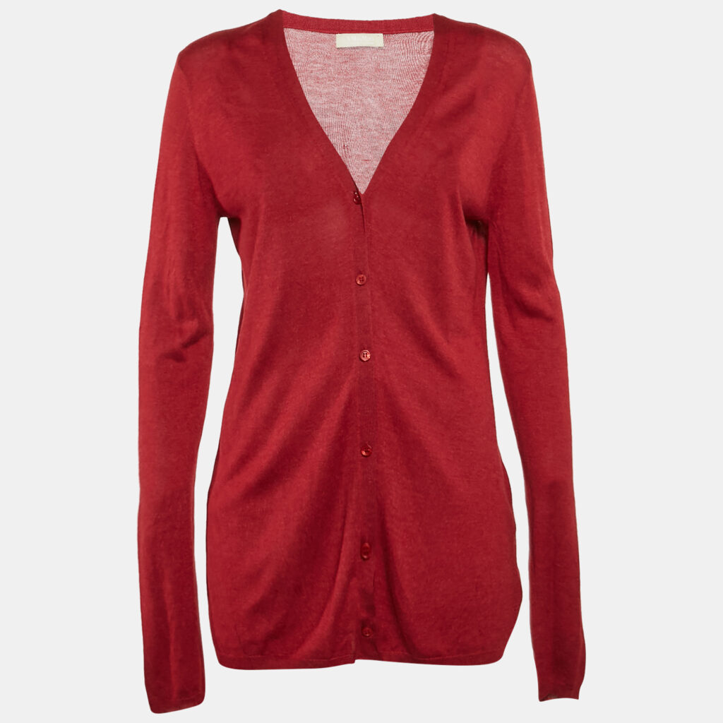 luxury-women-max-mara-used-clothes-p1107809-003 Max Mara Red Silk Blend Button Front Cardigan L