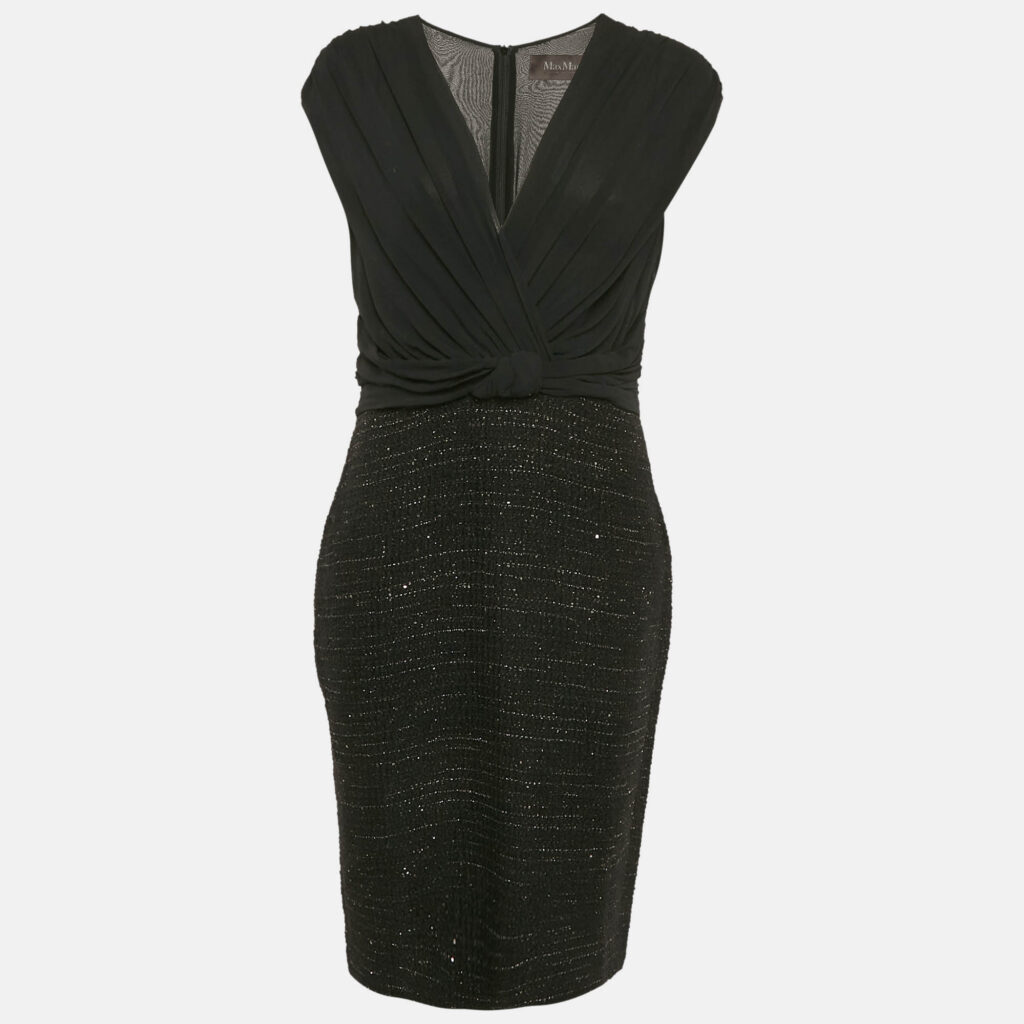 luxury-women-max-mara-used-clothes-p1111654-006 Max Mara Black Tweed and Silk Draped V-Neck Short Dress M