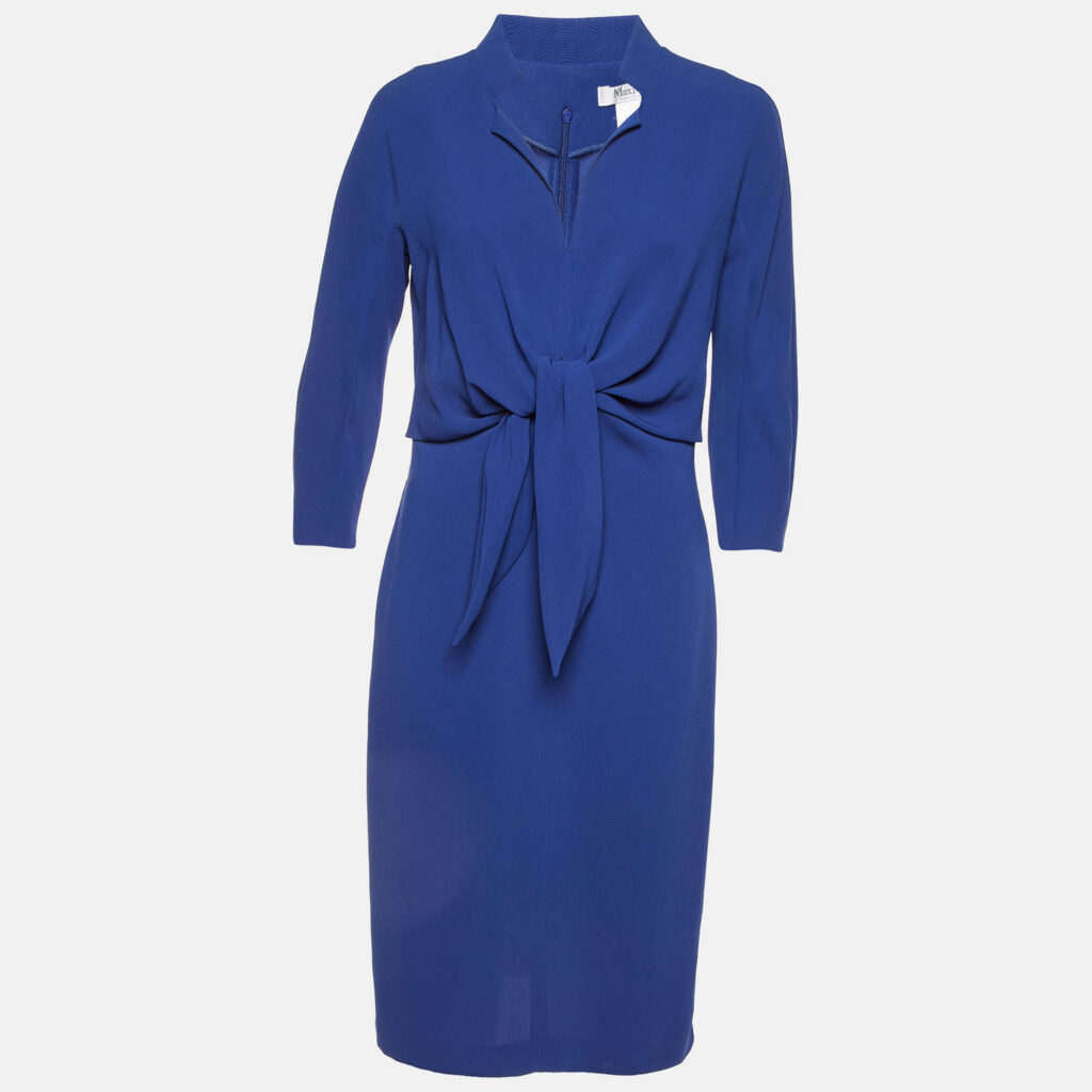 luxury-women-max-mara-used-clothes-p1114558-001.jpg Max Mara Blue Crepe Tie-Up Detail Midi Dress M