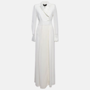 max mara white satin and silk fringed long sleeve maxi dress m