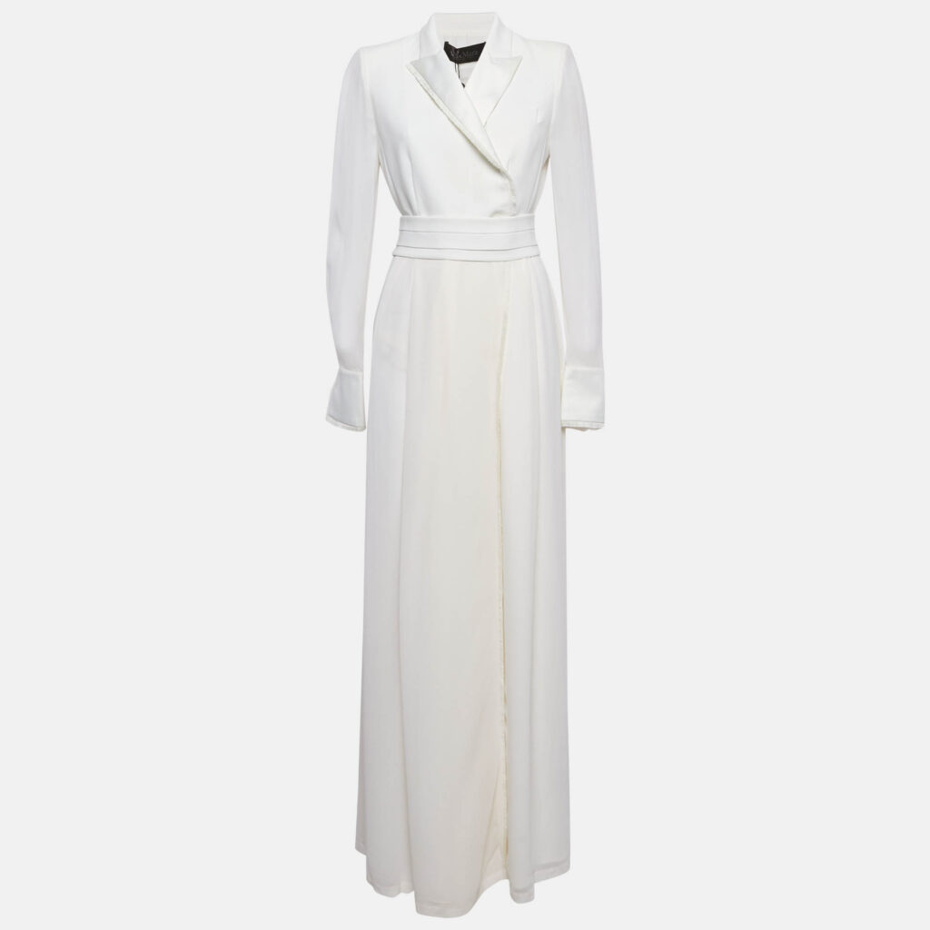 luxury-women-max-mara-used-clothes-p1150613-001.jpg Max Mara White Satin and Silk Fringed Long Sleeve Maxi Dress M