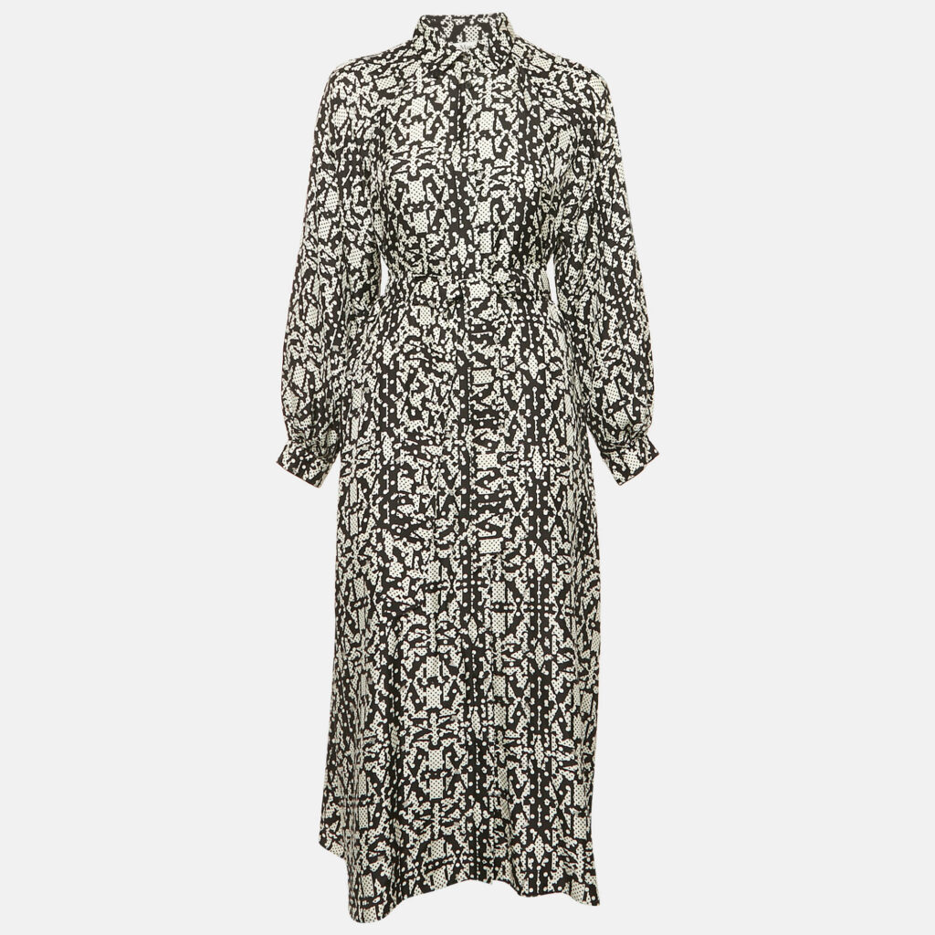 Max Mara Black Printed Silk Belted Alpe Midi Dress M