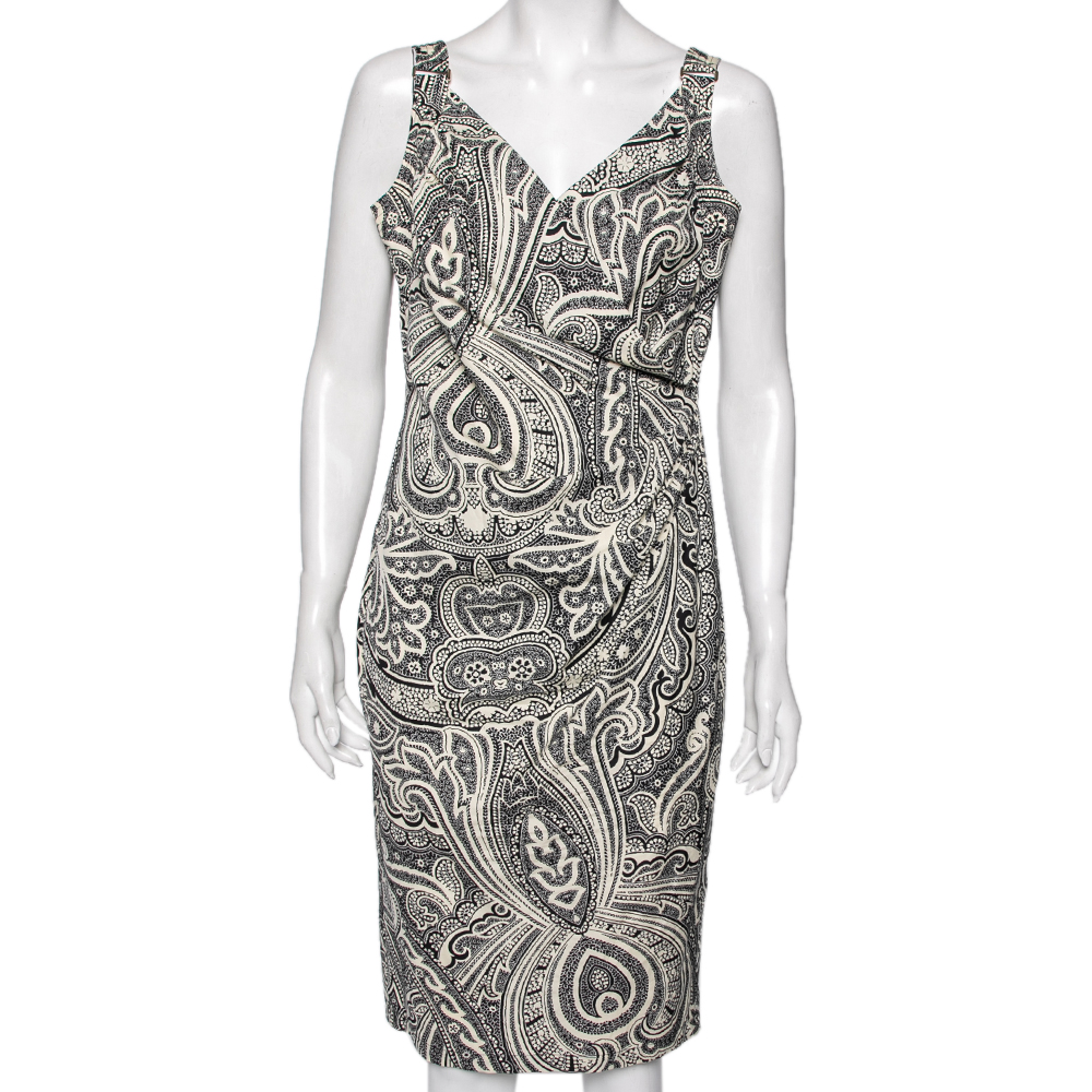 luxury-women-max-mara-used-clothes-p584723-004-2 Max Mara Monochrome Paisley Printed Cotton Draped Detail Dress M
