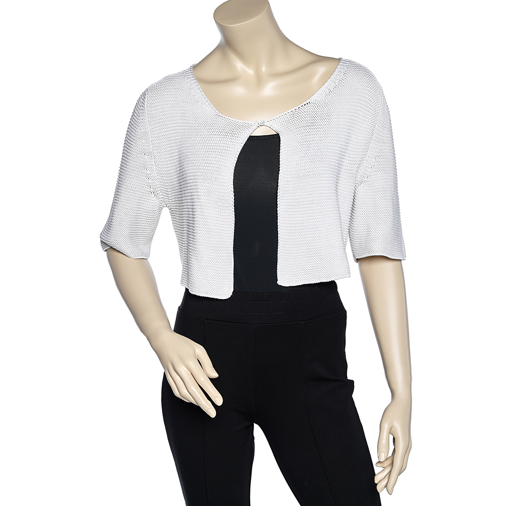 luxury-women-max-mara-used-clothes-p606402-003-2 Max Mara Off White Crochet Knit Button Front Cropped Shrug XL