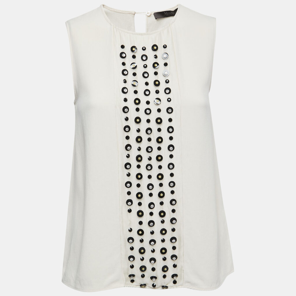 luxury-women-max-mara-used-clothes-p804776-001 Max Mara Cream Embellished Crepe Sleeveless Top S