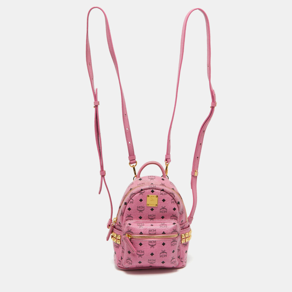 luxury-women-mcm-used-handbags-p1082294-002 MCM Pink Visetos Coated Canvas and Leather Mini Studded Stark Bebe Boo Backpack
