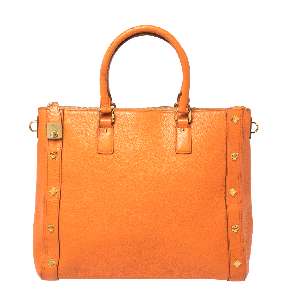 luxury-women-mcm-used-handbags-p367011-008 MCM Orange Textured Leather Large Tote