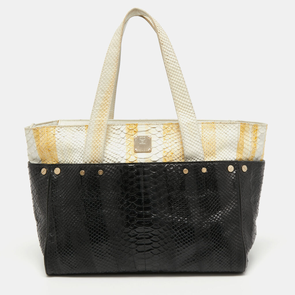luxury-women-mcm-used-handbags-p760987-014 MCM Yellow/Black Python Embossed Leather Zip Tote