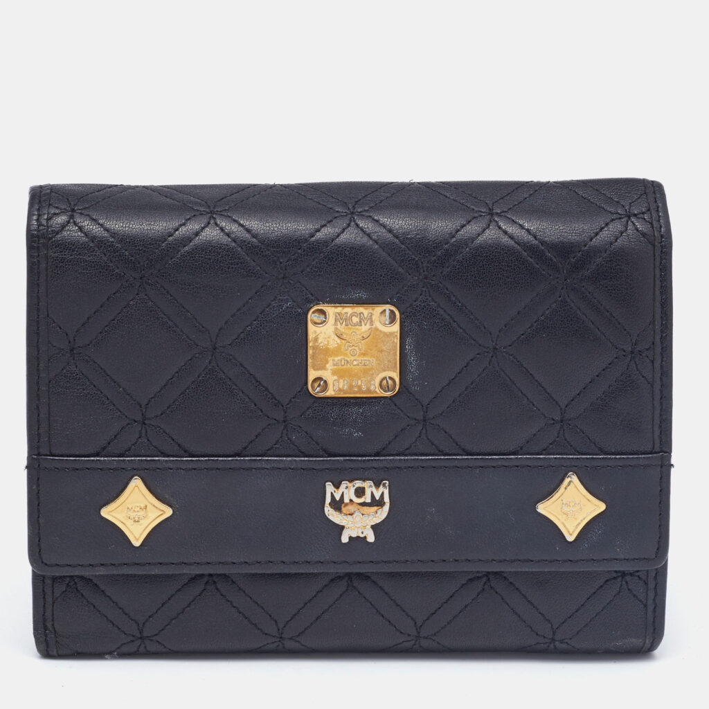 luxury-women-mcm-used-handbags-p829929-017 MCM Black Quilted Leather Embellished Flap Compact Wallet