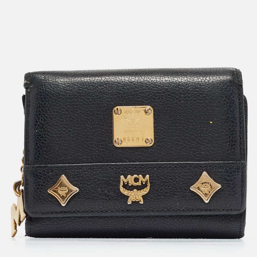luxury-women-mcm-used-handbags-p969566-020 MCM Black Leather Studded Trifold Compact Wallet