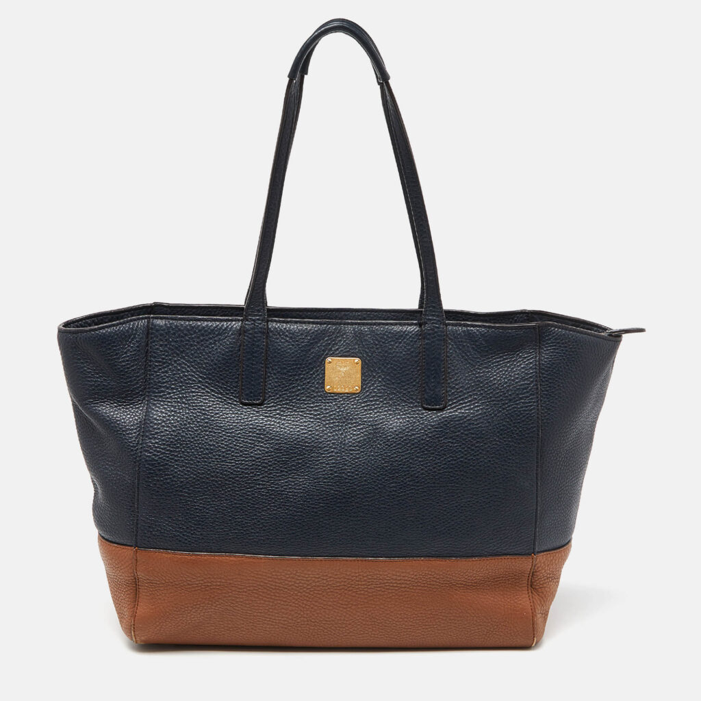 luxury-women-mcm-used-handbags-p970737-014 MCM Blue/Brown Leather Zip Shopper Tote