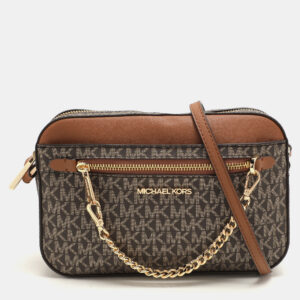 Michael Kors Brown Signature Coated Canvas and Leather Jet Set Crossbody Bag