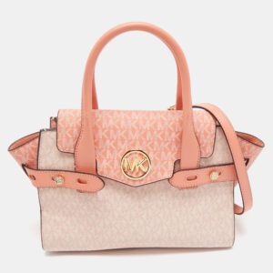 michael kors pink/peach signature coated canvas medium carmen flap satchel