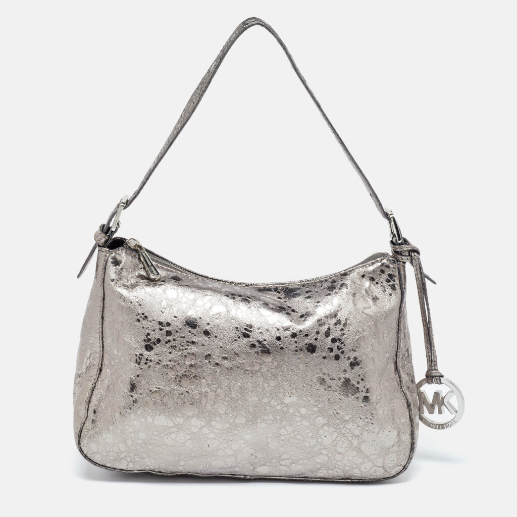 luxury-women-michael-kors-used-handbags-p1022381-016 Michael Kors Metallic Grey Textured Patent and Leather Logo Charm Shoulder Bag