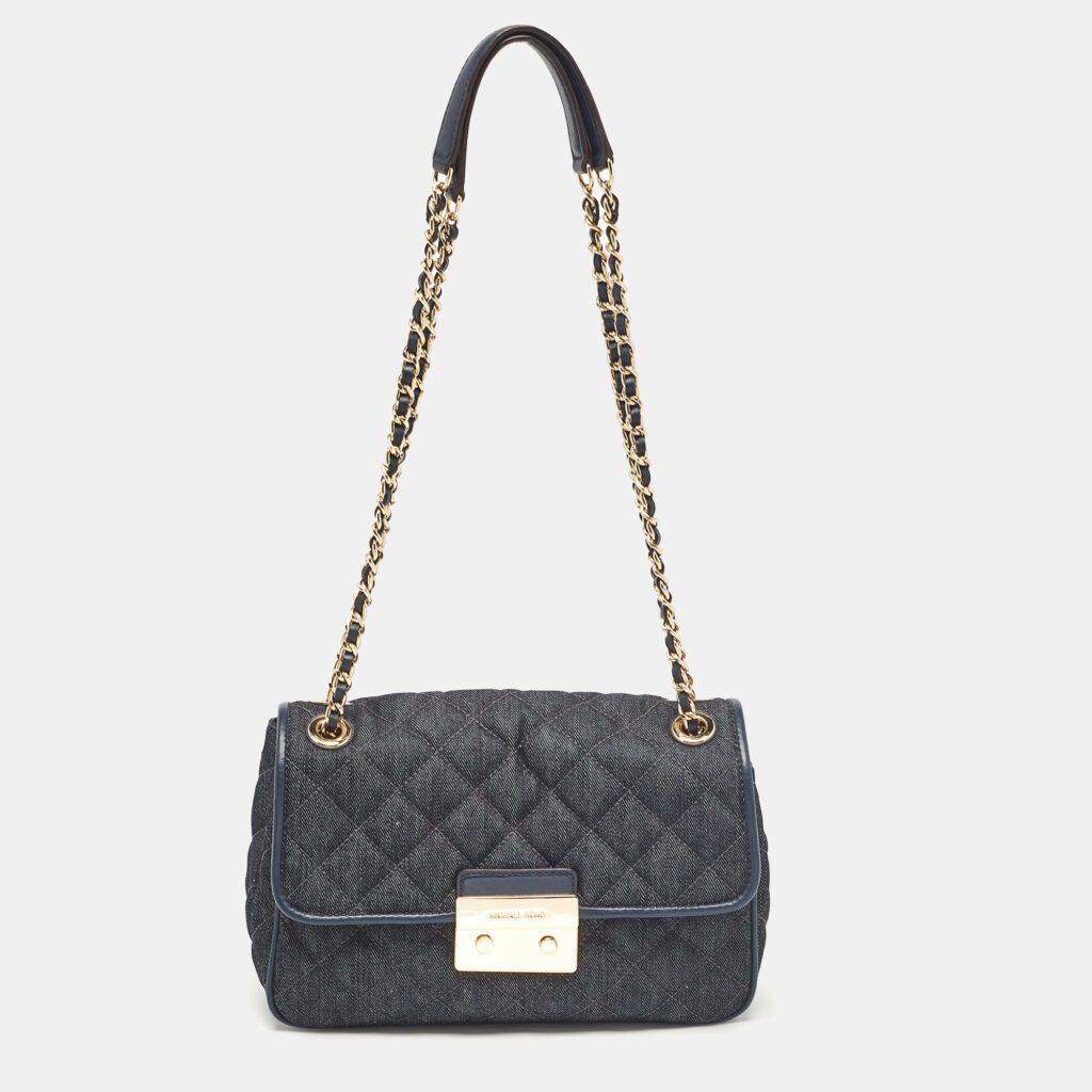 luxury-women-michael-kors-used-handbags-p1029282-023 Michael Kors Navy Blue Quilted Denim and Leather Sloan Shoulder Bag