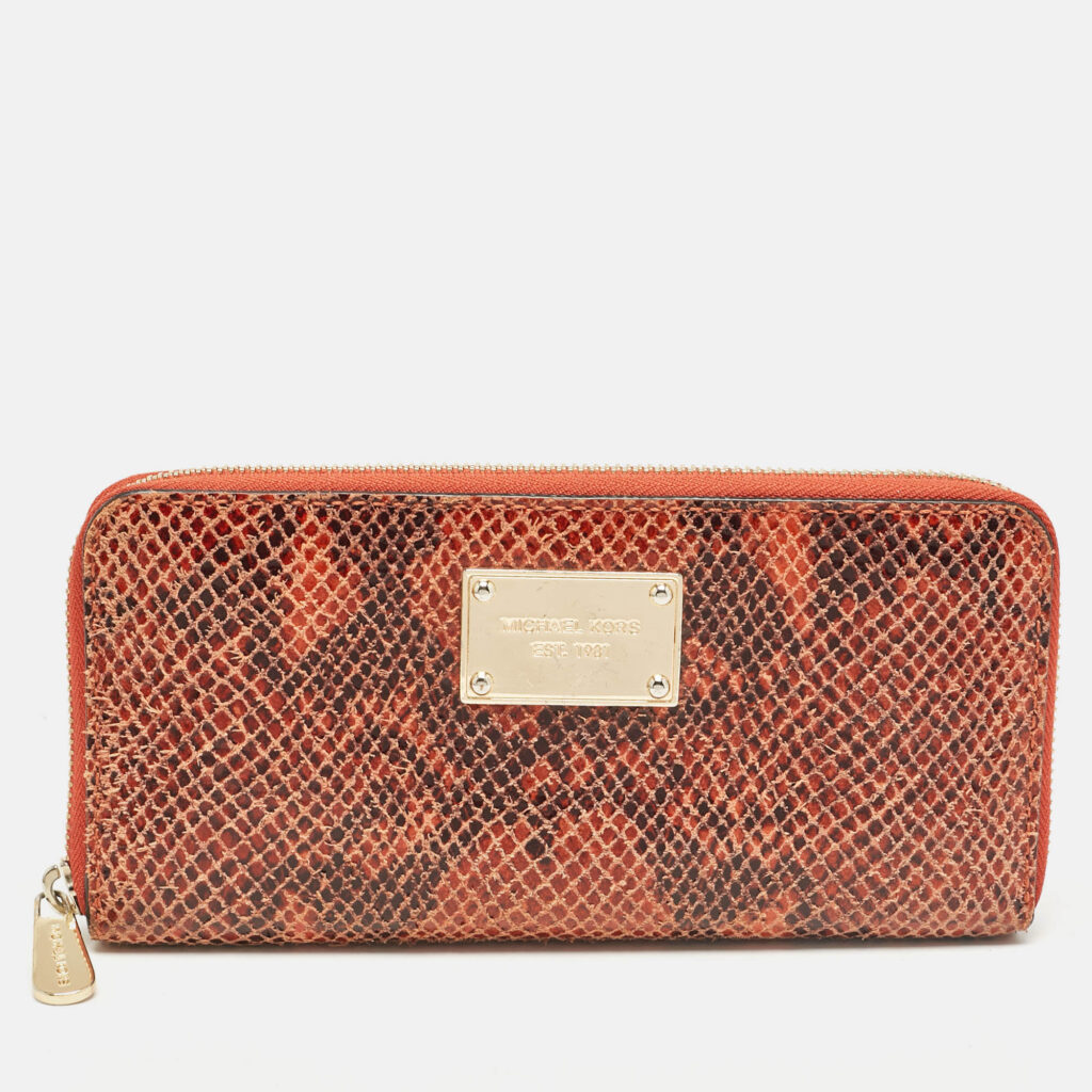 luxury-women-michael-kors-used-handbags-p1035044-012 Michael Kors Orange/Brown Snakeskin Embossed Leather Jet Set Zip Around Wallet
