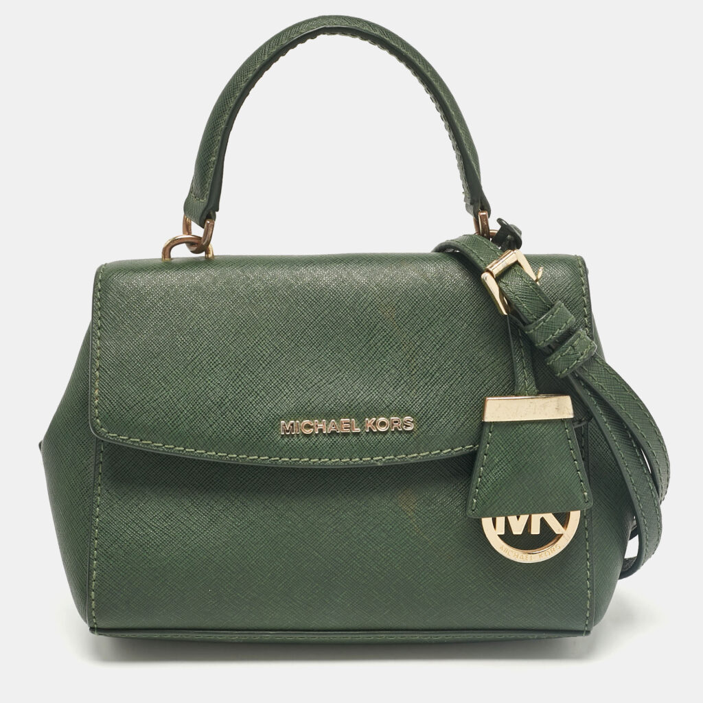 luxury-women-michael-kors-used-handbags-p1041559-009 Michael Kors Dark Green Leather Extra Small Ava Top Handle Bag