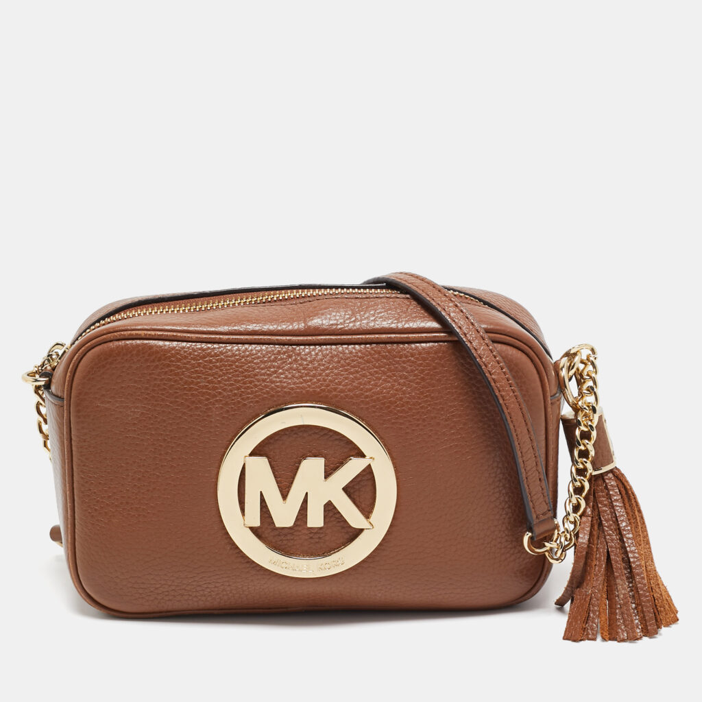 luxury-women-michael-kors-used-handbags-p1042103-013 Michael Kors Brown Leather Logo Camera Crossbody Bag