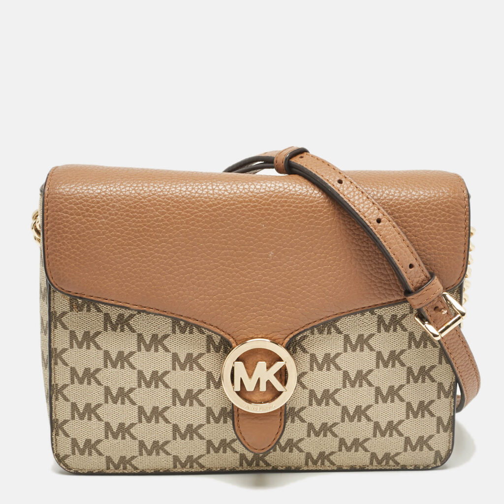 luxury-women-michael-kors-used-handbags-p1043869-012 Michael Kors Beige/Brown Signature Coated Canvas and Leather Fulton Crossbody Bag