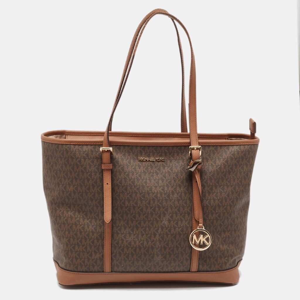 luxury-women-michael-kors-used-handbags-p1072673-010 Michael Kors Brown Signature Coated Canvas Jet Set Travel Tote