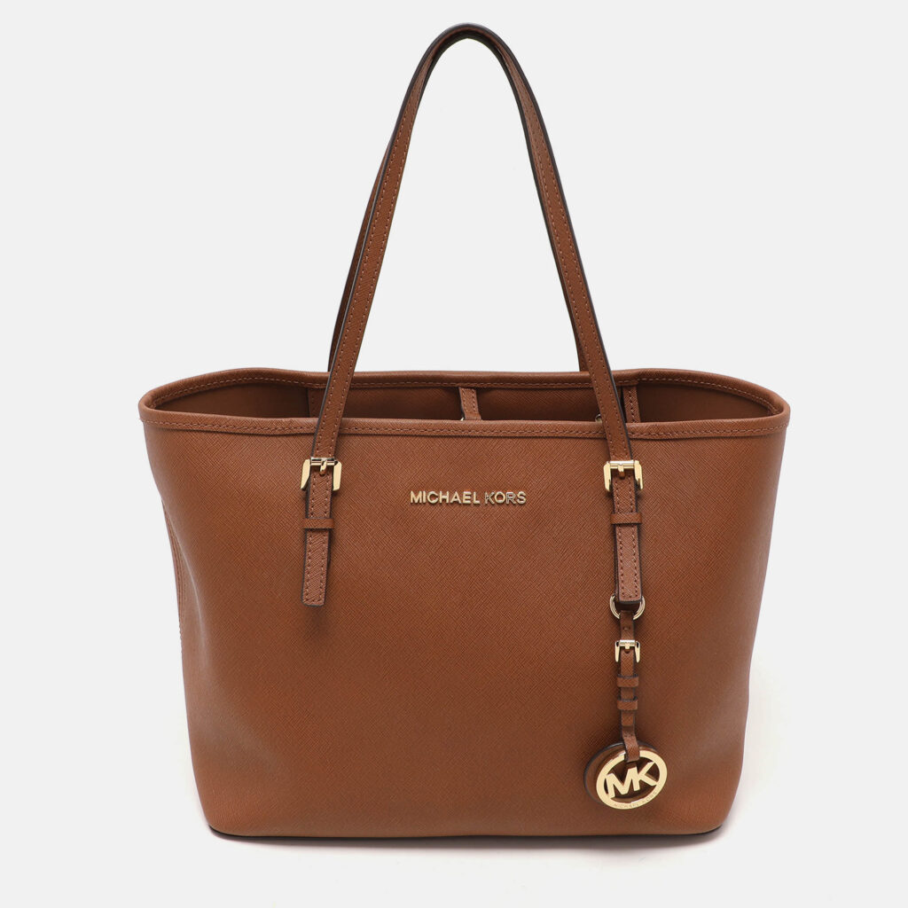 luxury-women-michael-kors-used-handbags-p1080942-015 Michael Kors Brown Saffiano Leather Small Jet Set Travel Tote