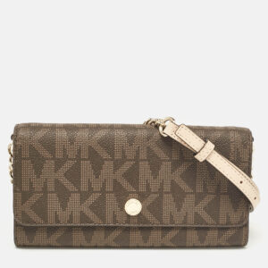Michael Kors Dark Brown Signature Coated Canvas Jet Set Wallet On Chain