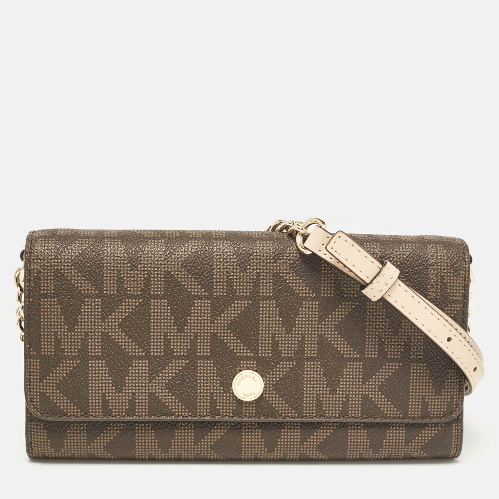 luxury-women-michael-kors-used-handbags-p1086590-014 Michael Kors Dark Brown Signature Coated Canvas Jet Set Wallet On Chain