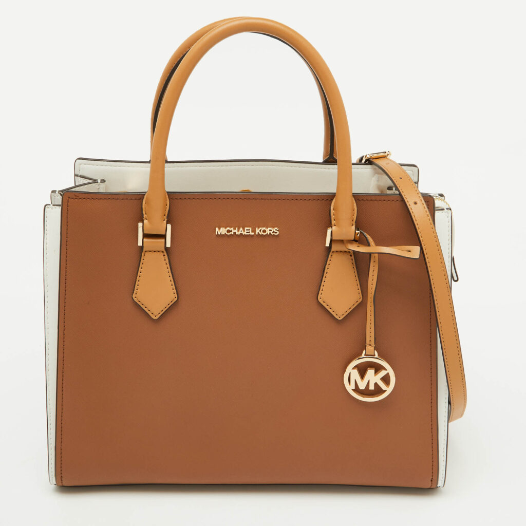 luxury-women-michael-kors-used-handbags-p1093504-008 Michael Kors Brown/White Leather Large Hope Tote