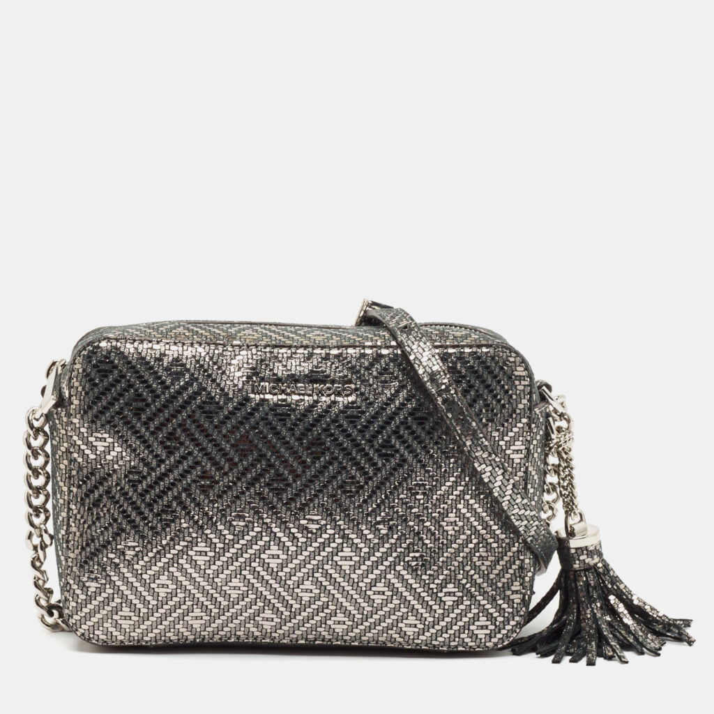 Michael Kors Metallic Grey Textured Suede Ginny Camera Crossbody Bag