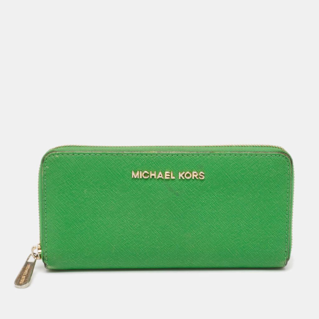 luxury-women-michael-kors-used-handbags-p1097300-005 Michael Kors Green Leather Jet Set Zip Around Wallet