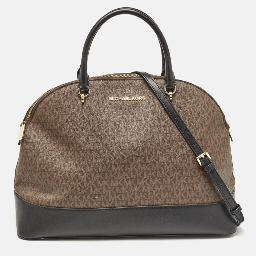 luxury-women-michael-kors-used-handbags-p1106221-022 Michael Kors Black/Brown Signature Coated Canvas and Leather Extra Large Emmy Satchel