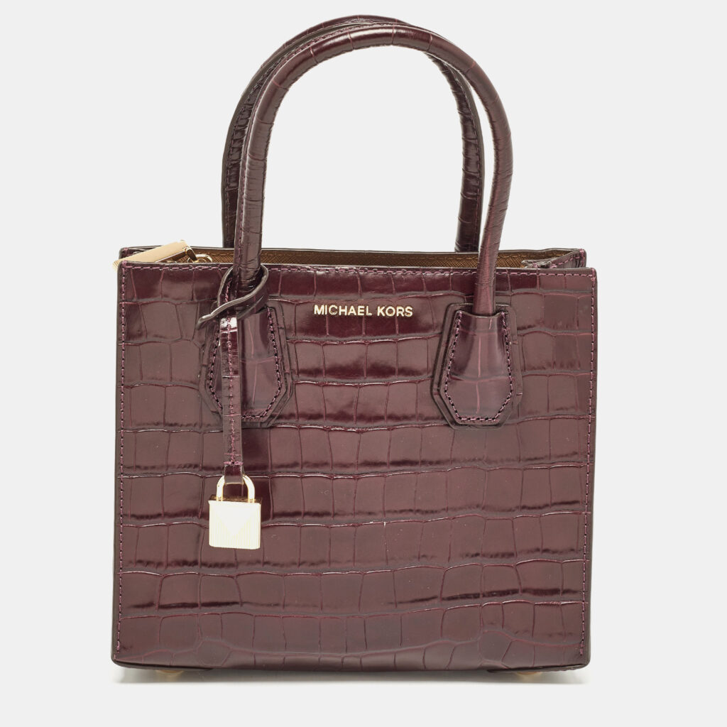 luxury-women-michael-kors-used-handbags-p1106771-004 Michael Kors Burgundy Croc Embossed Leather Mini Mercer Tote
