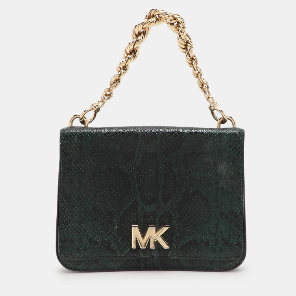 luxury-women-michael-kors-used-handbags-p1114422-001 Michael Kors Green Python Embossed Leather Turn Lock Shoulder Bag