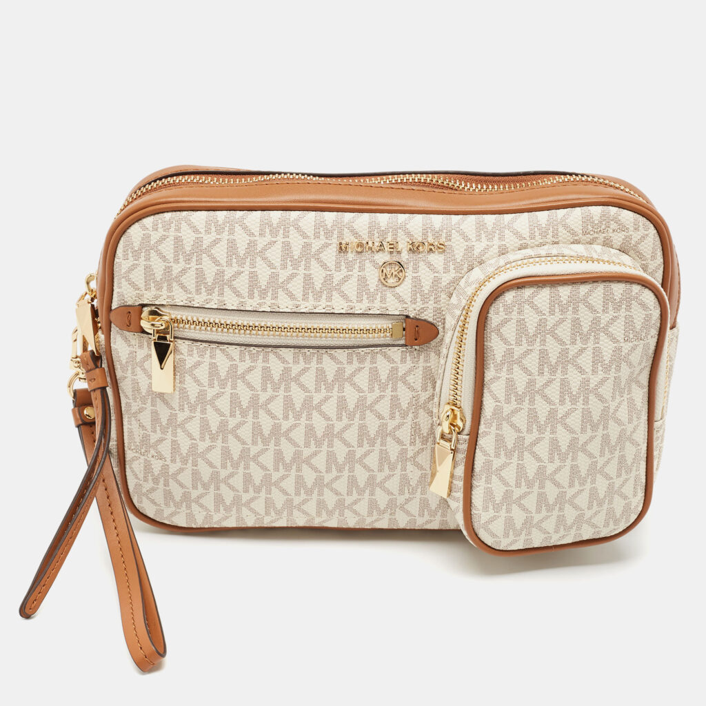 luxury-women-michael-kors-used-handbags-p1117224-005 Michael Kors Beige/Brown Signatur Canvas Jet Set Travel Wristlet Pouch