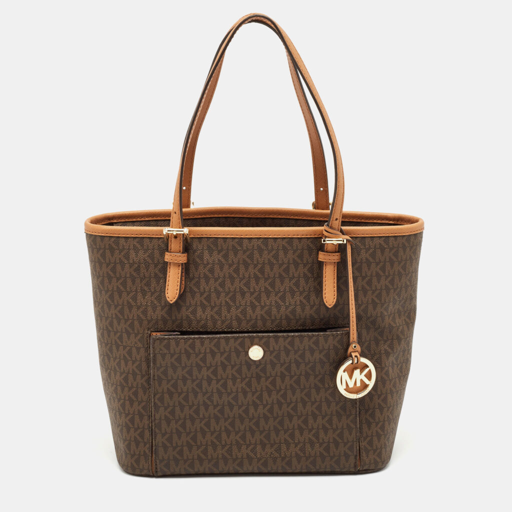 luxury-women-michael-kors-used-handbags-p1120914-012 Michael Kors Brown Signature Coated Canvas and Leather Ciara Tote