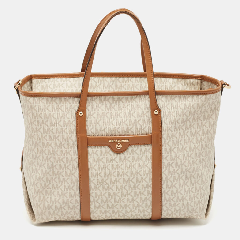luxury-women-michael-kors-used-handbags-p1122142-008 Michael Kors Brown/White Signature Coated Canvas and Leather Beck Tote