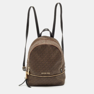 Michael Kors Brown Signature Coated Canvas and Leather Medium Rhea Backpack