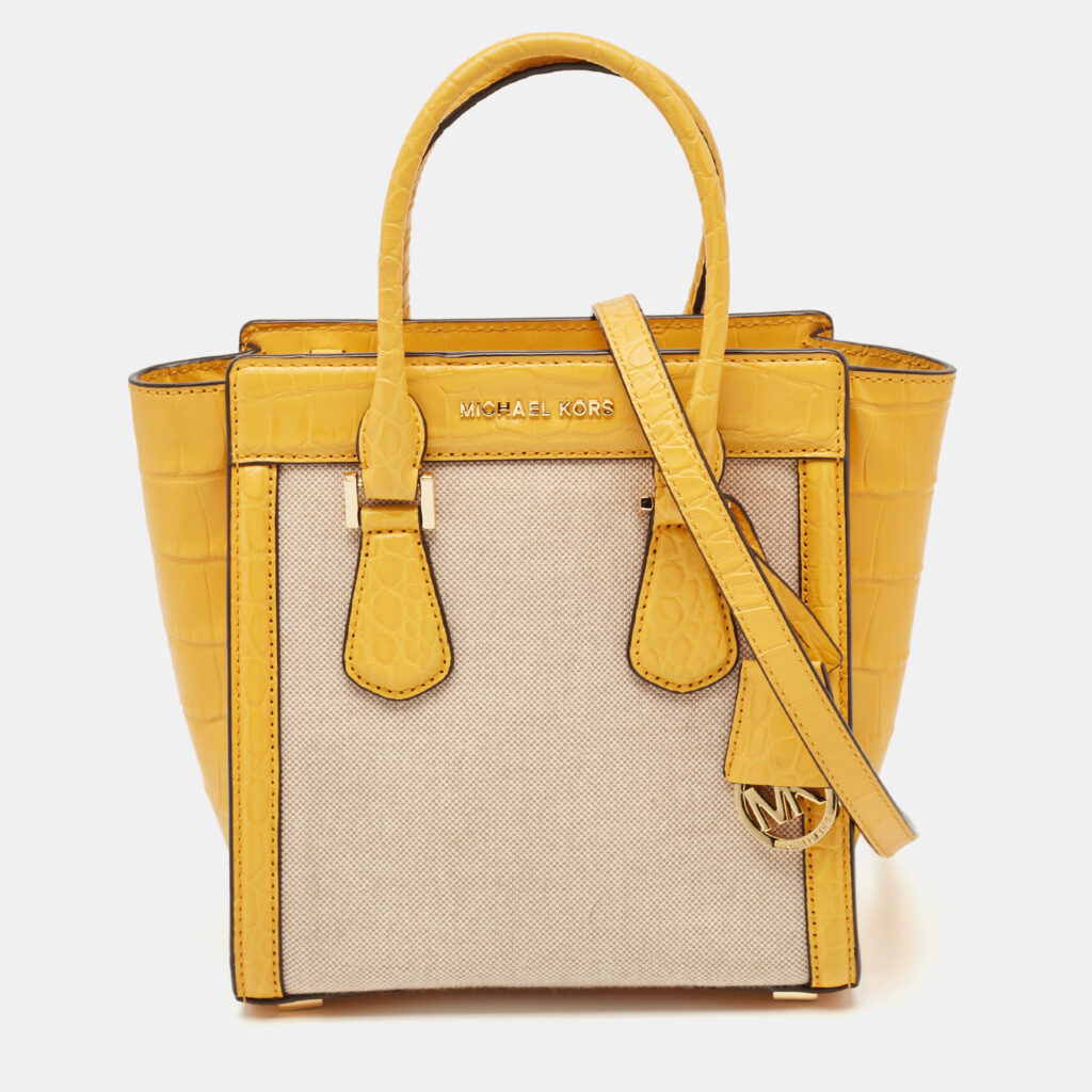 luxury-women-michael-kors-used-handbags-p1136194-001 Michael Kors Yellow Canvas and Croc Embossed Leather Colette Tote