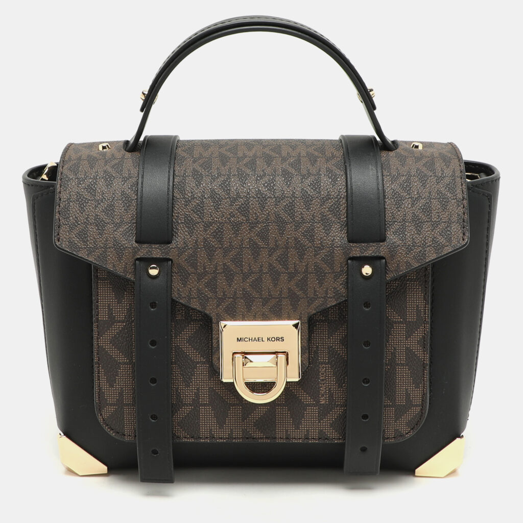 Michael Kors Brown/Black Leather and PVC Medium Manhattan Top Handle Bag